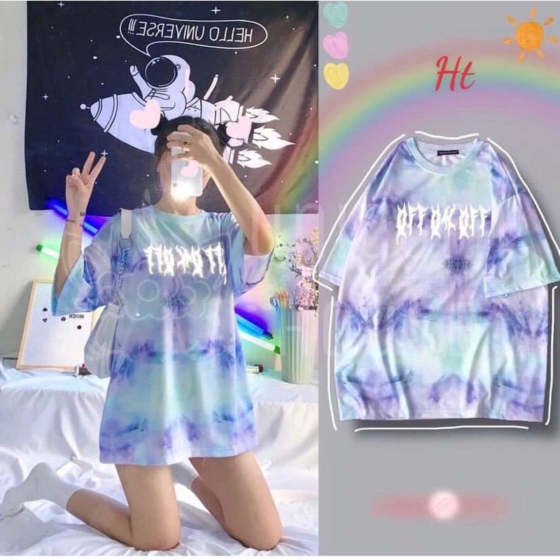 áo thun tay lỡ loang màu xanh tím chữ phản quang Ht