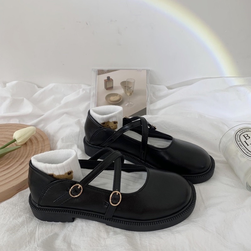 Giày búp bê có 2 quai đan chéo Mary Jane đế bằng 3cm dễ thương Yannie Lolita
