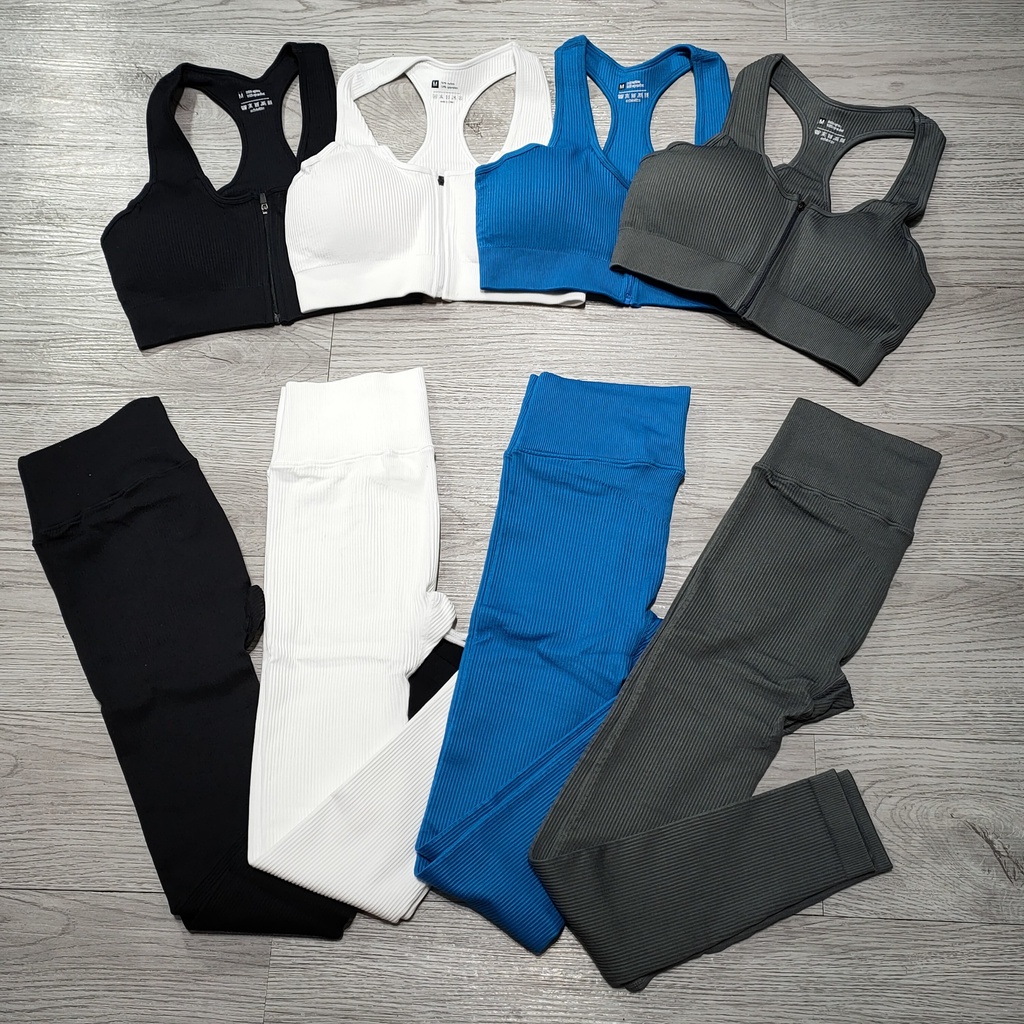 Đồ tập gym yoga nữ, set bộ dệt kim thun gân áo bra khóa kéo kèm mút quần dài nâng mông tôn dáng cao cấp Bin Sports BD150