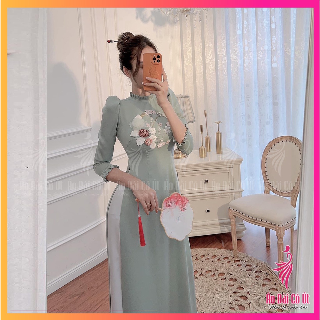 Áo dài tay dài bồng lụa tây thi cao cấp cổ xếp ly cách điệu đính hoa