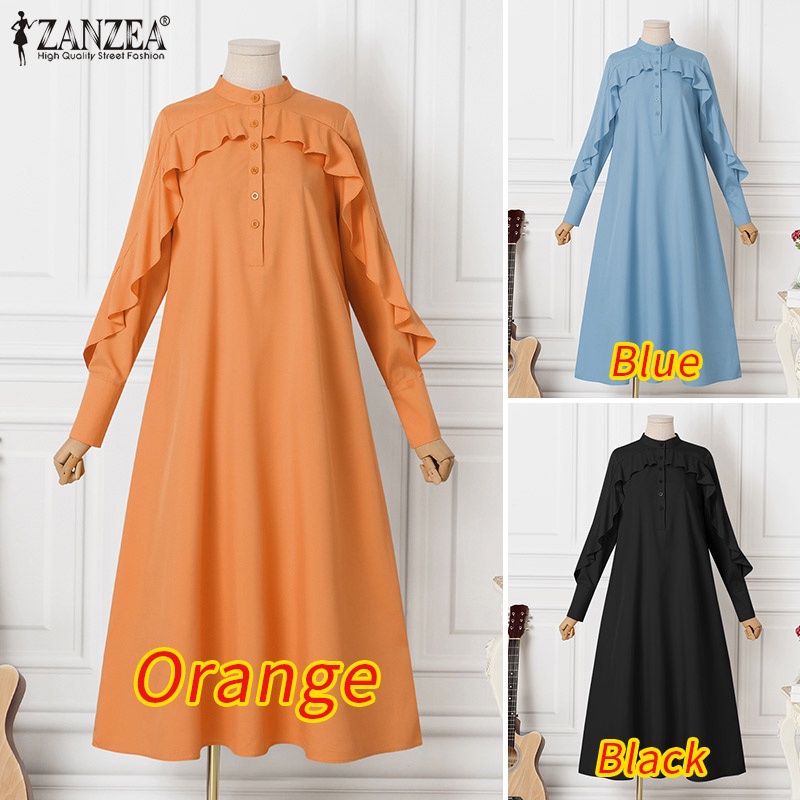 Zanzea Đầm Dài Tay Cổ Đứng Phối Bèo Và Thắt Lưng Phong Cách Châu Âu