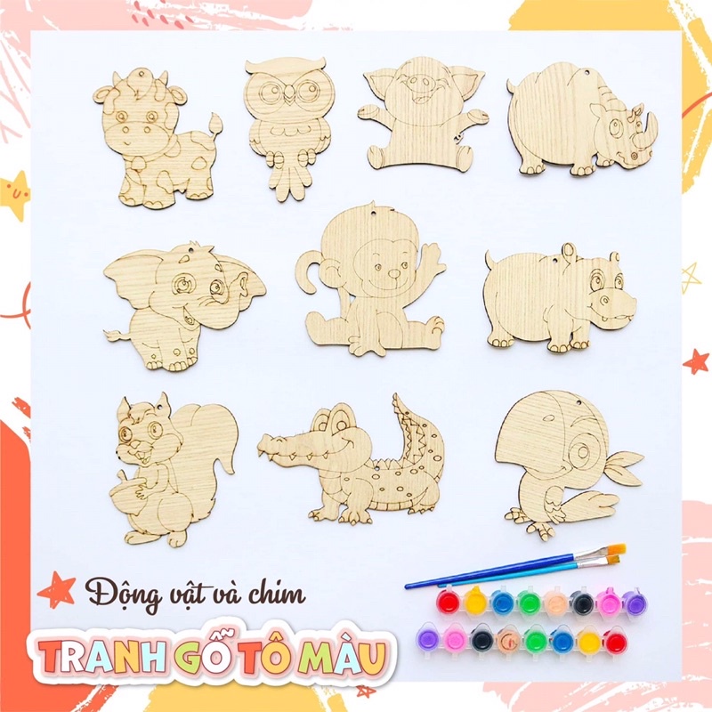 Combo 10 hình tô màu bằng gỗ bộ động vật🐘🐓,chim 🐦 và côn trùng 🐞