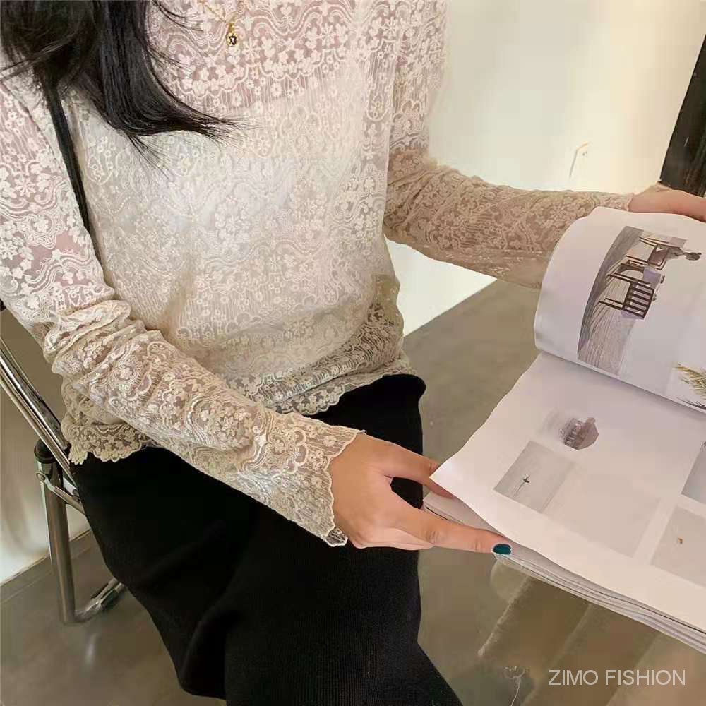 Áo cổ lọ dáng rộng phối ren xinh xắn phong cách Hàn Quốc thời trang
