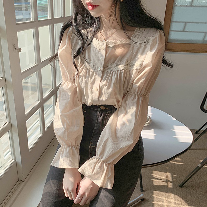 Áo babydoll cổ vuông viền ren bo tay tiểu thư