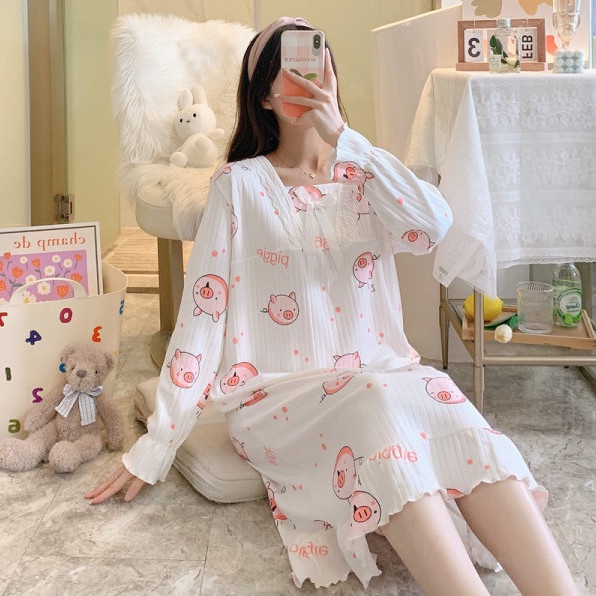 Đầm ngủ cổ vuông dáng rộng tay dài đính nơ phong cách công chúa ngọt ngào xinh xắn đáng yêu dành cho nữ