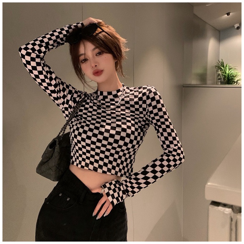 ÁO THUN CROPTOP TAY DÀI NỮ SỌC CARO ĐỘC LẠ CÁ TÍNH DỄ PHỐI ĐỒ CÓ BIGSIZE <65KG  CR22037