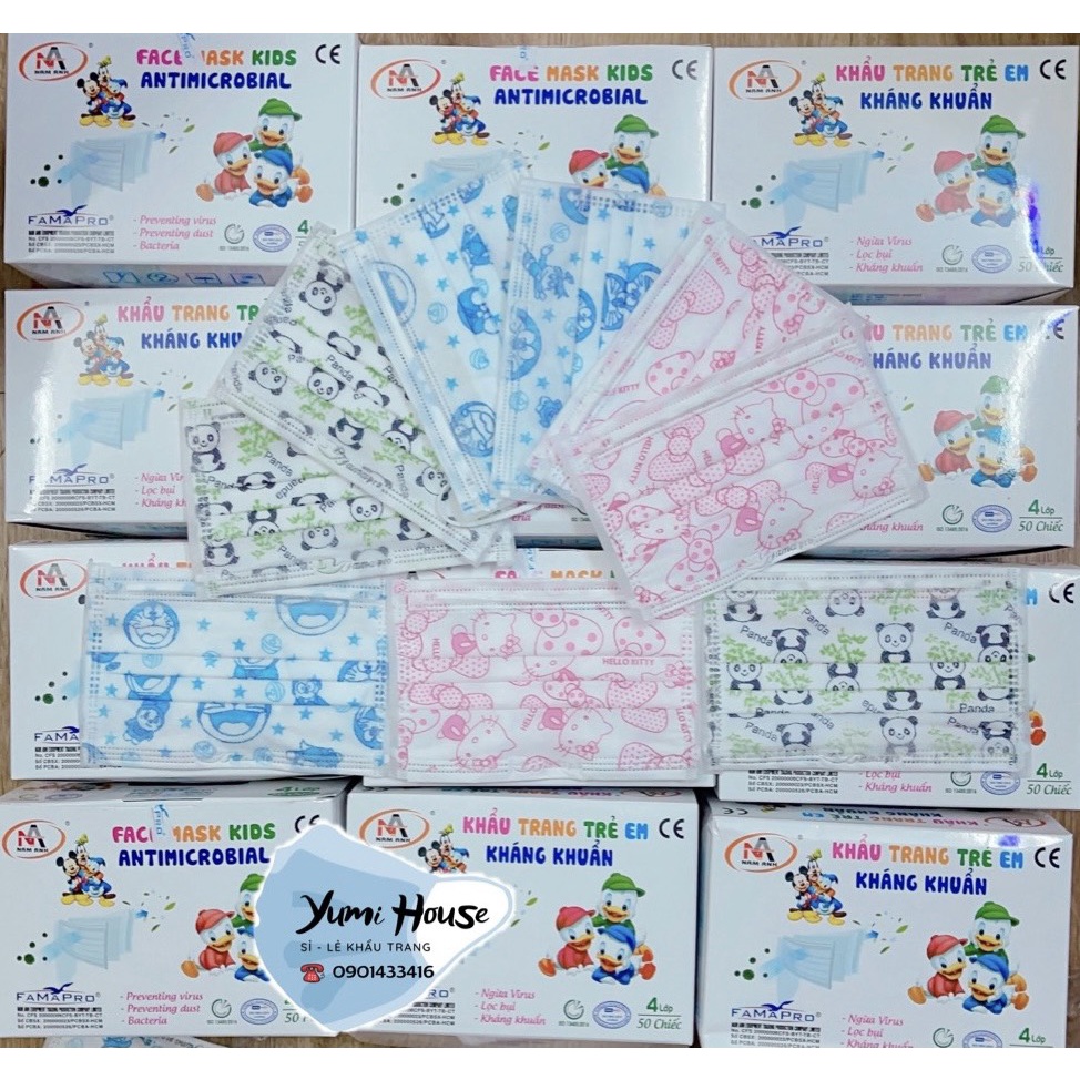 [HỘP-50 CÁI]Khẩu trang y tế trẻ em kháng khuẩn 4 lớp Famapro, CHÍNH HÃNG NAM ANH
