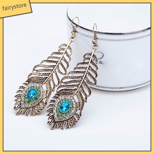 Bông tai hình lông chim công đính đá phong cách cổ điển