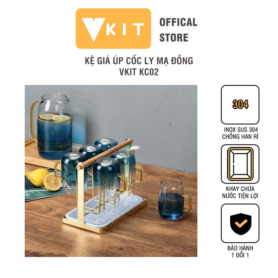 Kệ giá úp cốc ly inox có kèm khay hứng nước mạ đồng cao cấp VKIT KC02