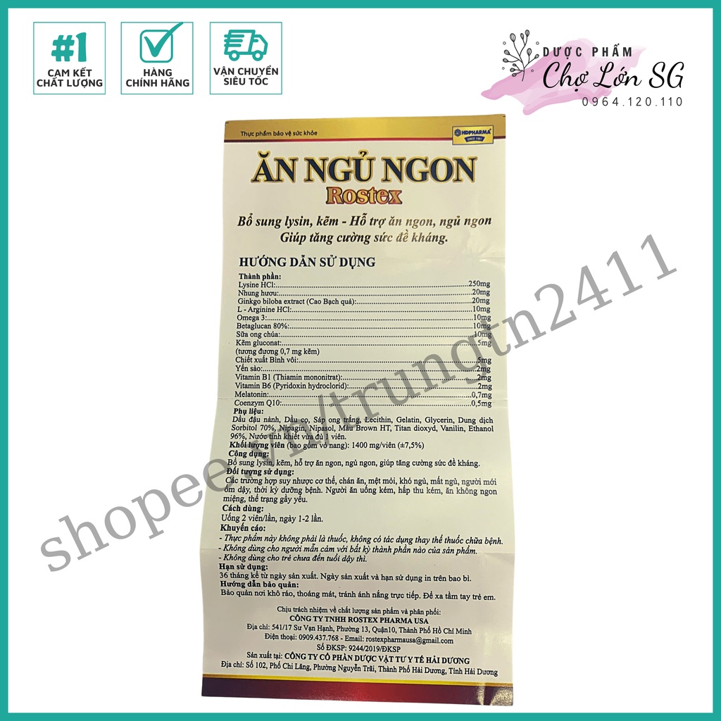 Viên ĂN NGỦ NGON ROSTEX bổ sung lysin, kẽm loại bỏ mất ngủ, căng thẳng, stress  - 60 viên