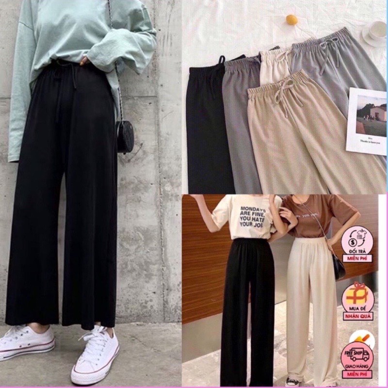 Quần dài nữ len tăm dáng suông trơn - Culottes ống rộng cạp chun vintage màu ĐEN | TRẮNG phong cách đơn giản