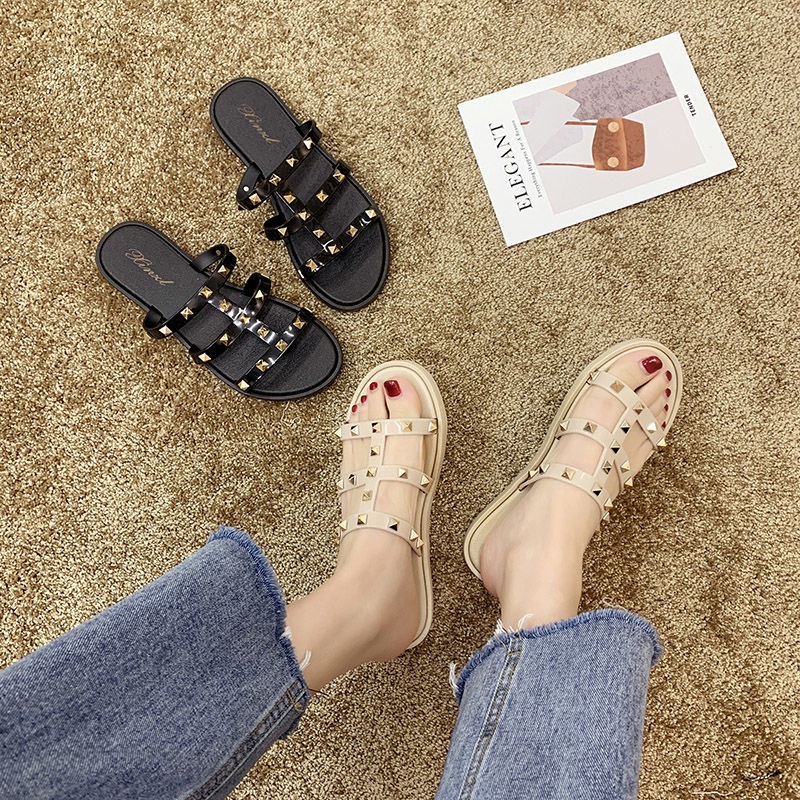 Dép Sandal Đế Bệt Đính Đinh Tán Chống Trượt Chống Thấm Nước Thời Trang Mùa Hè Cho Nữ