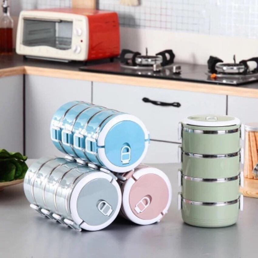Hộp cơm giữ nhiệt 4 tầng lúa mạch, lõi inox - cặp lồng văn phòng, cà men tiện lợi, an toàn