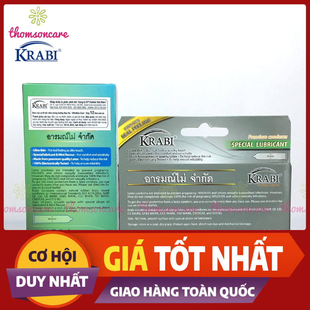 Bao cao su Krabi - bcs gân gai siêu mỏng, kéo dài thời gian bôi trơn, 49mm đôn dên - Hộp 12 chiếc condom từ Thái Lantốt