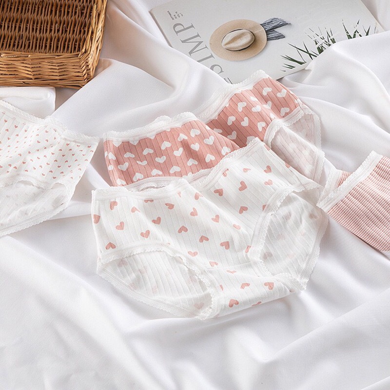 Quần Lót Cotton Tăm Co Dãn 4 Chiều Tim Hồng Dễ Thương