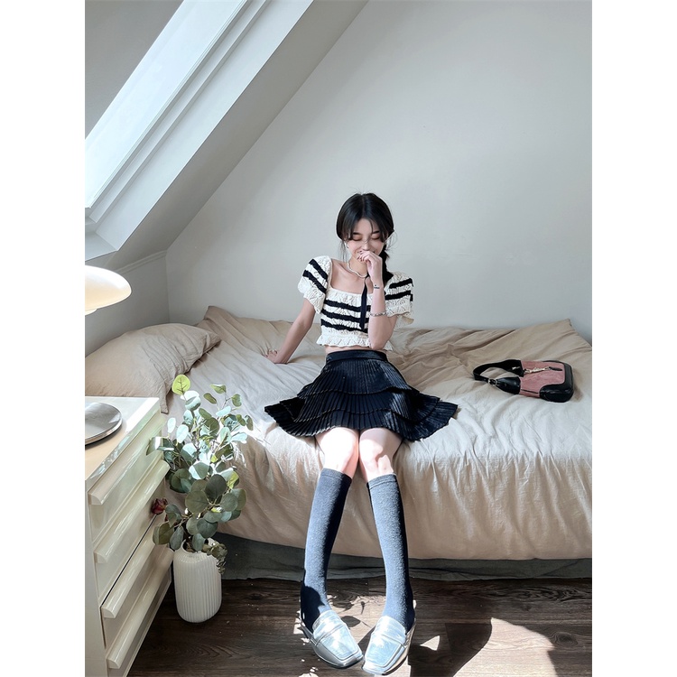 Porozi  Áo sơ mi croptop dệt kim  ngắn tay cổ vuông họa tiết kẻ sọc thời trang Hàn Quốc cho nữ