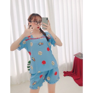 [3 size 45-70kg) đồ bộ lụa đùi cổ vuông phối kẻ chất vải lụa hàn mềm mát thời trang