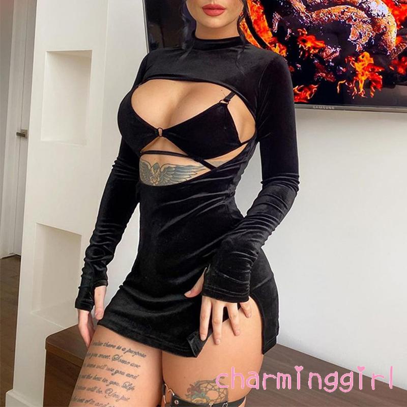 Đầm nhung tay dài cổ cao dáng ôm thời trang cho nữ