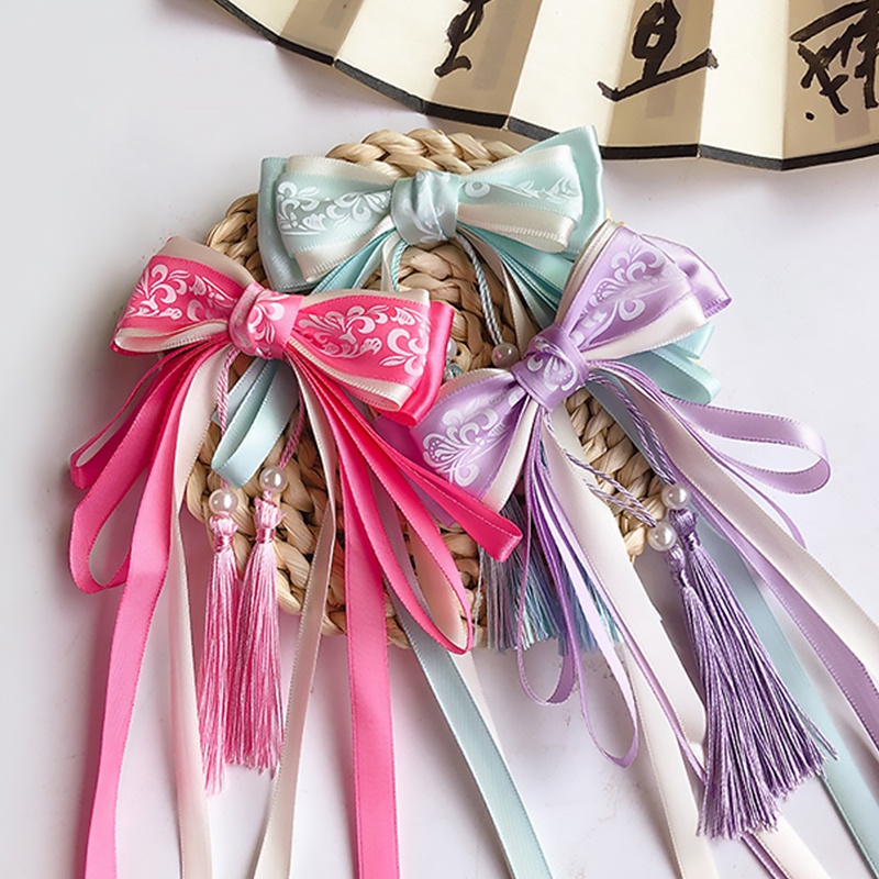 Dây Cột Tóc Nơ Ruy Băng Sứ Trắng Xanh AKKU