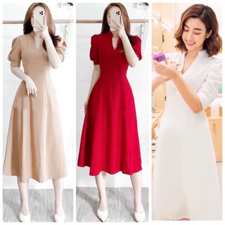 Đầm midi suông cổ v