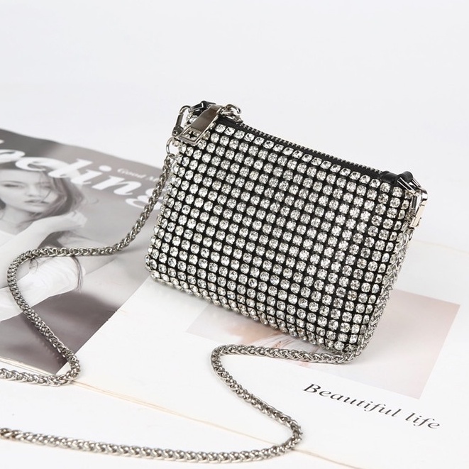 Ví wang đá mini bản chuẩn 13,5 cm kèm dây đeo chéo kim loại hàng Quảng cao cấp 02T3-KC