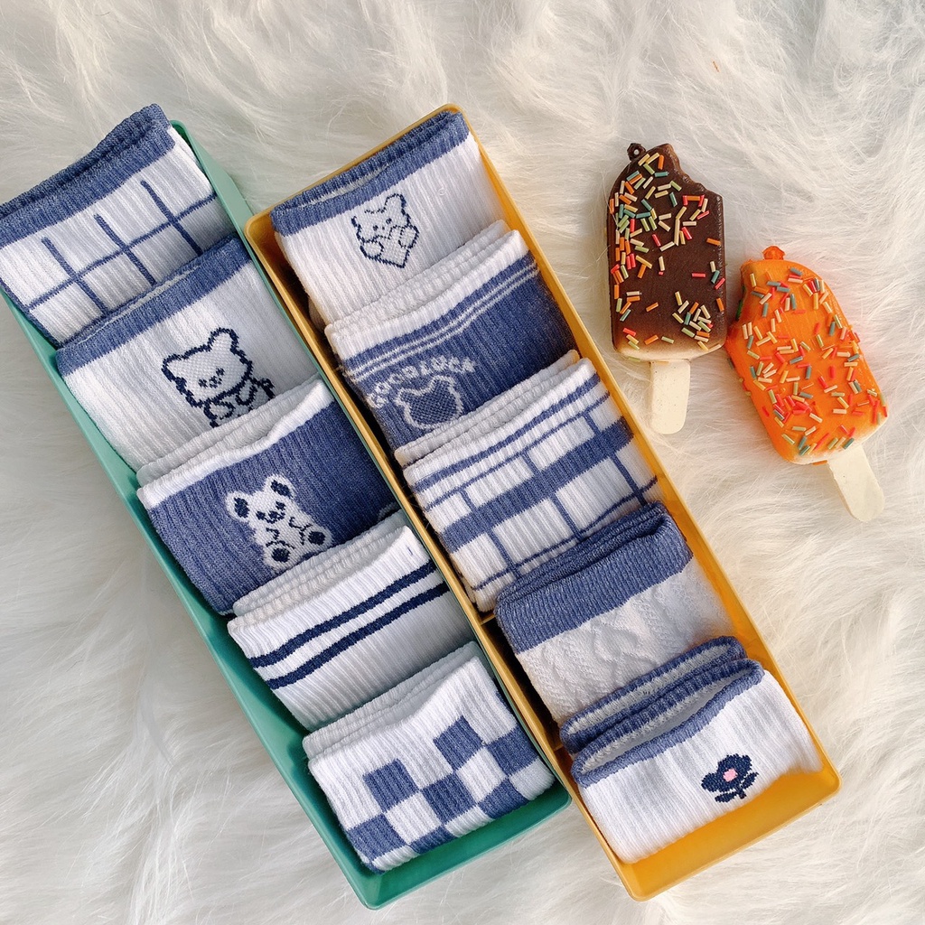 Tất Vớ Dài Nữ Hình Gấu Caro Xanh Blue dễ thương, thấm hút, giá siêu rẻ mềm