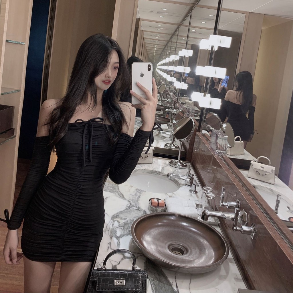 Đầm thun nữ dáng ôm body kiểu trễ vai bo ngực Emilyshop ulzzang