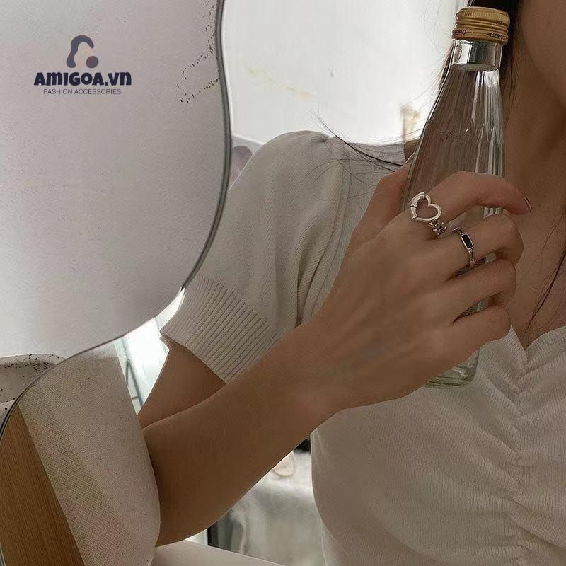 ✨✨Set nhẫn 17KM màu bạc đơn giản mỏng khoét rỗng hình trái tim phụ kiện trang sức cho nam nữ