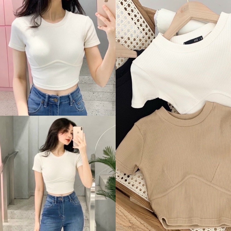 Áo Croptop Tay Ngắn Ôm Viền Chân Ngực  YUMI BÁN SỈ