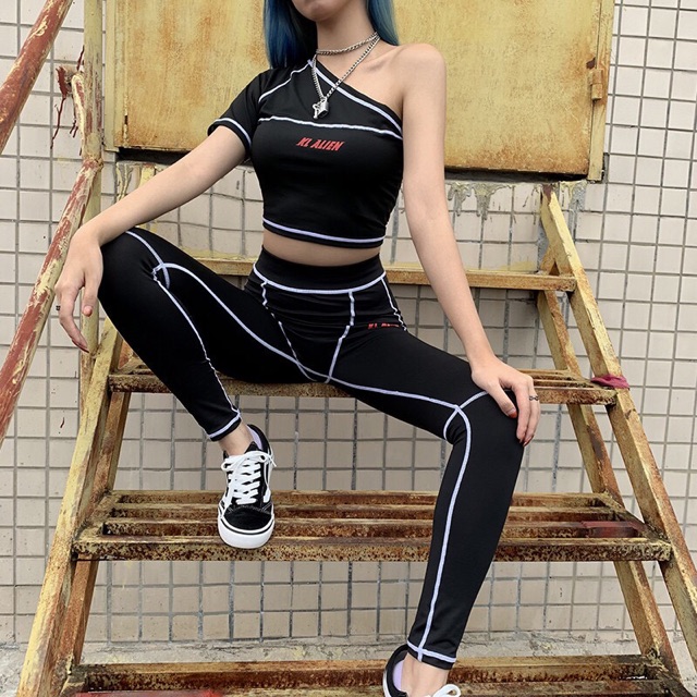 Đồ tập gym , bộ đồ tập thể thao nữ lệch vai màu đen phối viền trắng