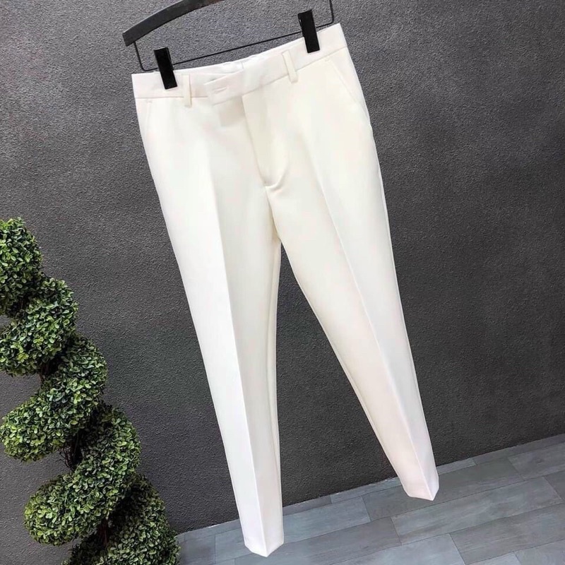 Quần tây âu nam màu trắng vải dày co giãn không bai màu không xù ống côn dáng Hàn Quốc