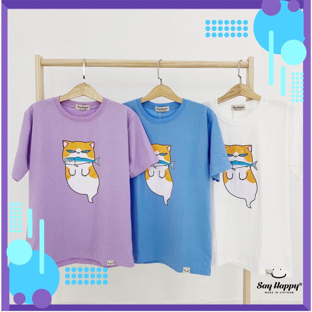 Áo thun nam nữ ,áo phông trơn phom rộng chất Cotton thấm hút mồ hôi cực mát in hình Mèo Càm Cá
