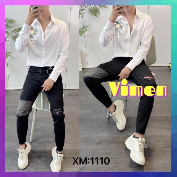 Quần Jean Nam Đen Rách Gối Chất Bò Co Dãn Siêu Bền Đẹp Hàng Chuẩn Shop New