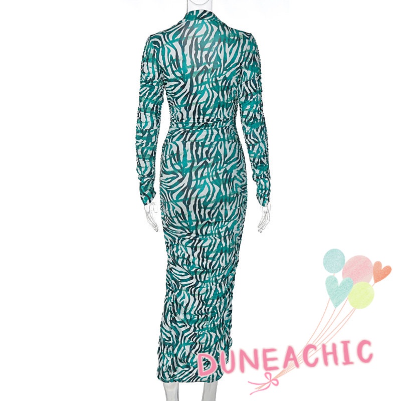 DUNEA Đầm Tay Dài Cổ Polo In Họa Tiết Thời Trang Cho Nữ