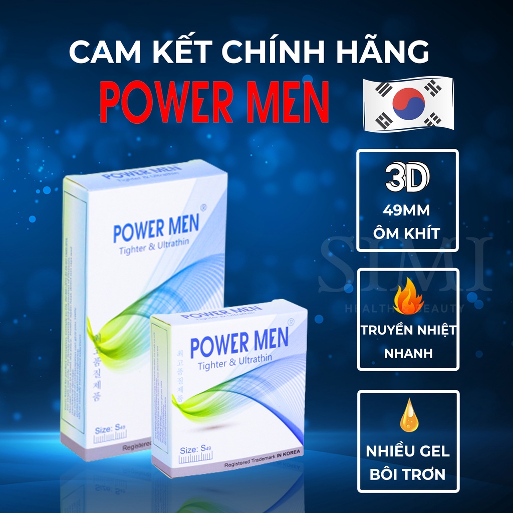 Bao cao su 49mm Power Men Tighter &amp; Ultrathin thiết kê 3D ôm sát chống tuột nhiều gel bôi trơn bcs siêu mỏng nhỏ kéo dài