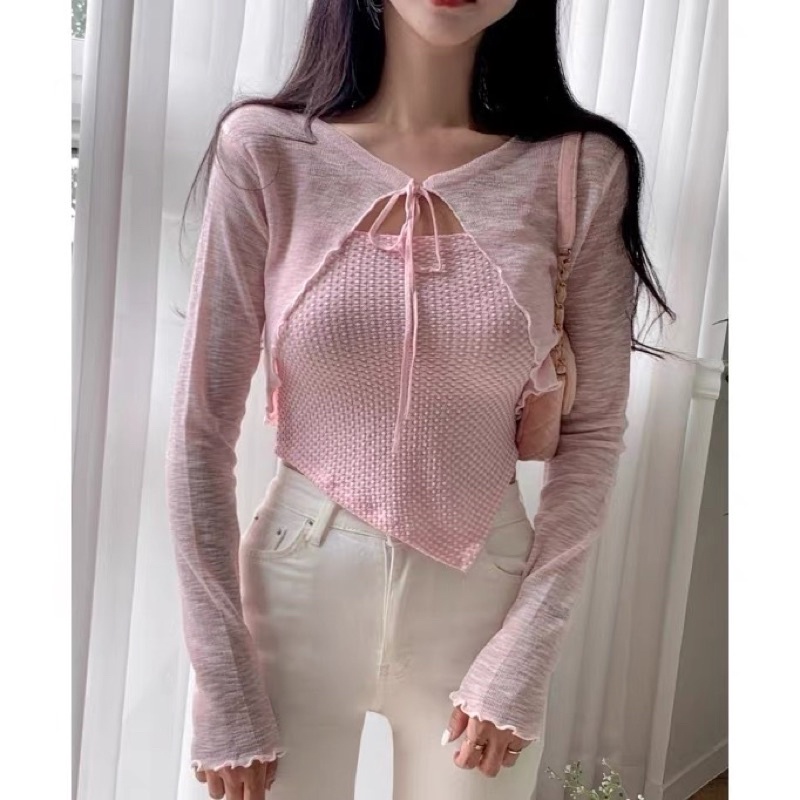 Set áo len khoác cardigan mỏng kiểu buộc nơ - màu pastel xinh iu - CÓ TÁCH RỜI