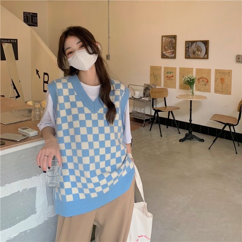 Áo gile len nữ họa tiết kẻ caro hàn quốc kiểu dáng ulzzang mix cùng sơ mi 021 | BigBuy360 - bigbuy360.vn