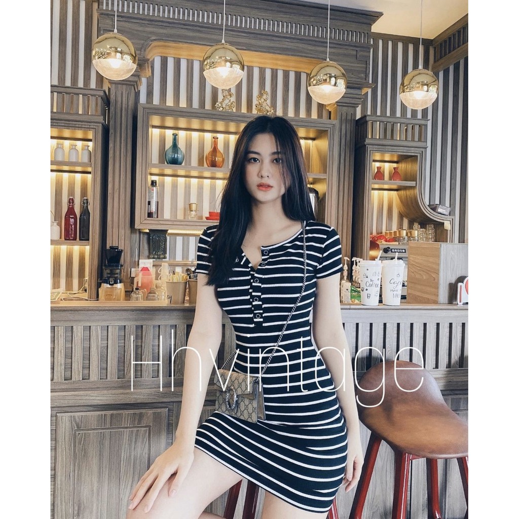 Đầm body nữ tay ngắn HHVINTAGE kiểu bấm nút thun co giãn Dress A15