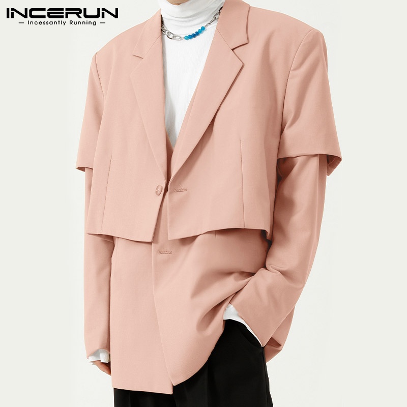 Áo khoác blazer INCERUN 2 mảnh tay dài cổ chữ V màu trơn thời trang cho nam mặc đi chơi