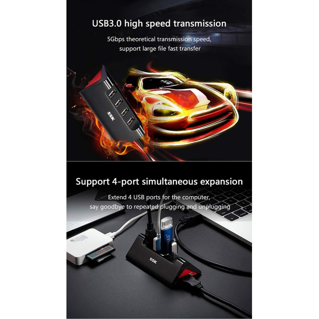 HUB CHIA 4 CỔNG USB-A TỐC ĐỘ 3.0 SSK SHU835 DÂY DÀI 1M - Bảo hành 12 tháng