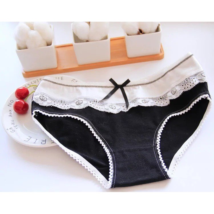 Quần Lót Cotton - Quần Lót Nữ Phối viền ren bèo trắng đính nơ xinh điệu đà kháng khuẩn DAN STORE MÃ B809