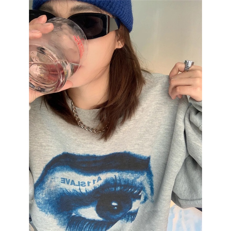 QKOOLE  Áo Hoodie Tay Dài Cổ Tròn In Họa Tiết Phong Cách Hàn Quốc Cho Nữ