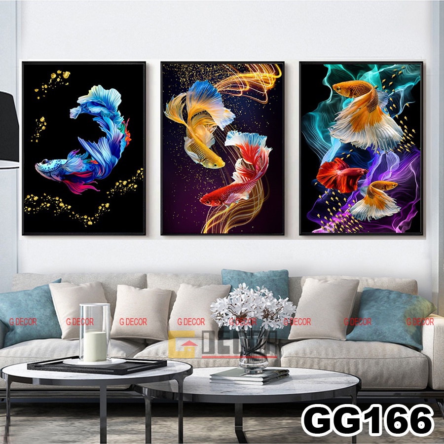 Tranh treo tường canvas khung gỗ 3 bức phong cách hiện đại Bắc Âu tranh cá chép trang trí phòng khách phòng ngủ spa 141