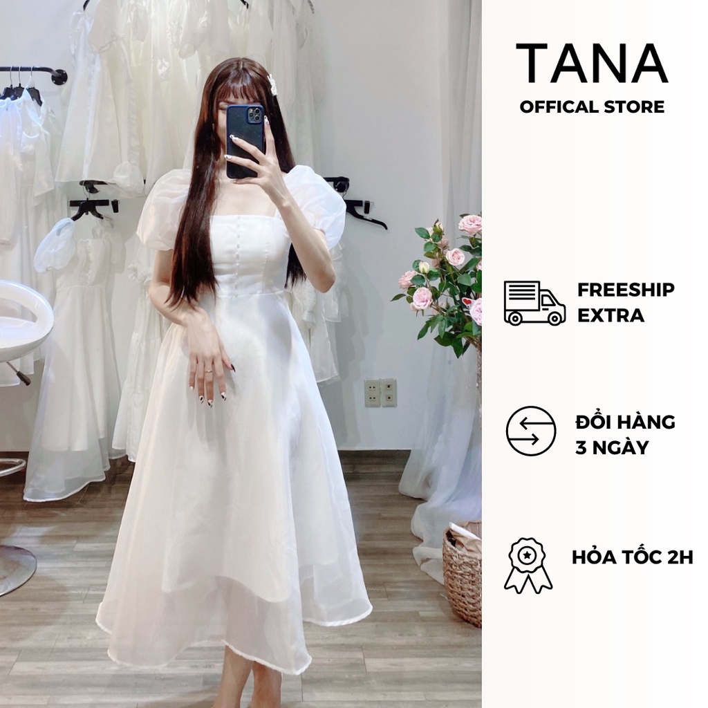 Đầm dự tiệc TANA D0179 đầm công chúa trắng tay phồng mặc được 2 kiểu (trễ vai và có vai) mặc đi tiệc, chụp hình