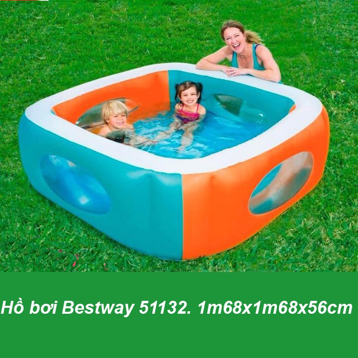 hồ bơi phao, bể bơi phao vuông Bestway 1m68 cao 56cm có cửa sổ trong suốt nhìn ra ngoài 51132
