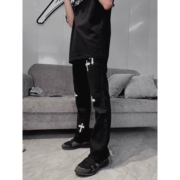 Quần Jeans chữ thập Nam phong cách Hàn Quốc Streetwear cá tính