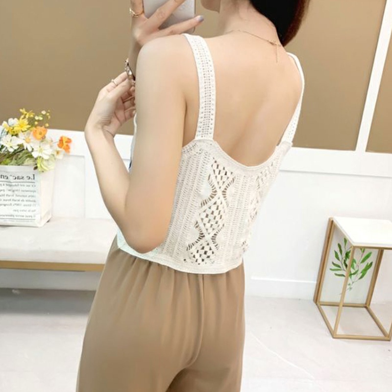 Áo Croptop Dệt Kim Sát Nách Dáng Rộng Thêu Hoa Khoét Rỗng Cho Nữ