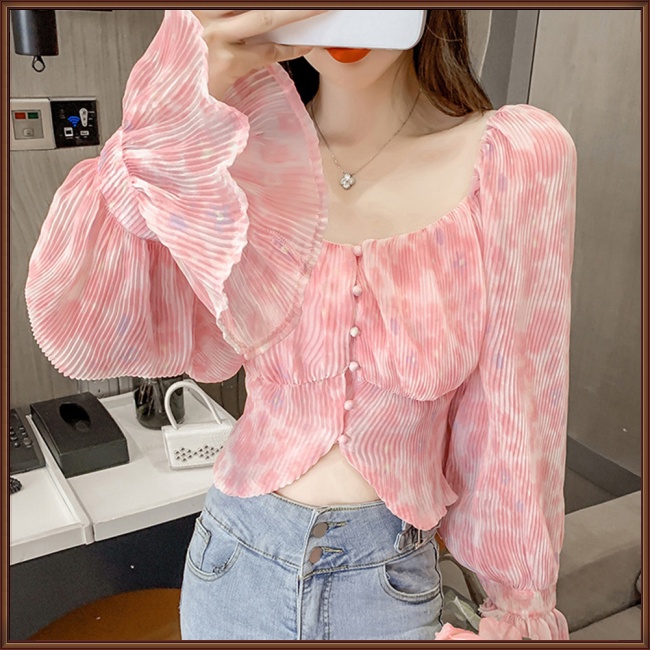 Áo Sơ Mi Chiffon Cổ Vuông Tay Loe Xếp Ly In Họa Tiết Phong Cách Pháp Cổ Điển Thời Trang Cho Nữ
