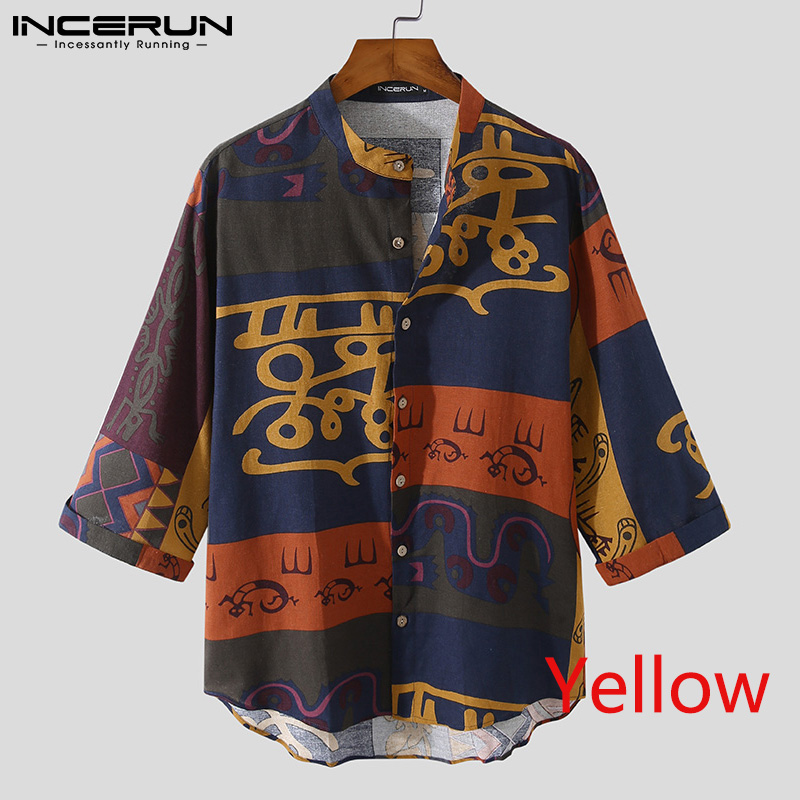 INCERUN Mens Casual Pure Cotton Loose Floral Half Sleeve Shirts Button Up Tops