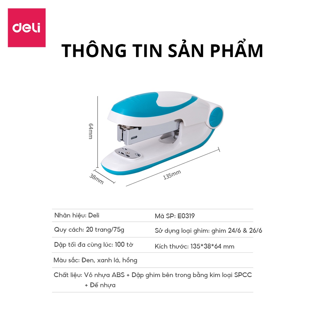 Dập ghim Deli - Có thể dập Cố định/Tạm thời - 20 trang - Ghim 24/6 và 26/6 - Màu Đen/Xanh Dương/Hồng - 1 chiếc - E0319